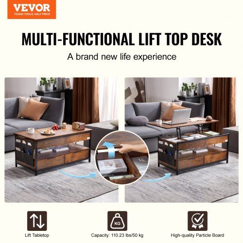 Lift Top Coffee Table 39.4" Rectangle Coffee Table with Light & USB Brown