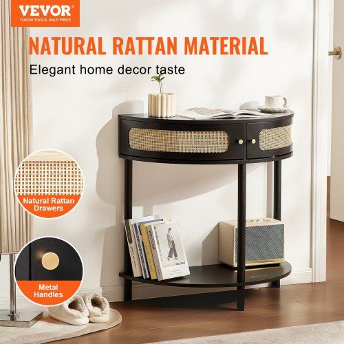 Half-moon Rattan Console Table 2 Storage Drawers Rattan Sliding Door Black