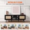 Rattan TV Stand for 65 inch TV, Boho TV Stand with Rattan Door, Entertainment Center with Build-in Socket and USB Ports, Modern TV Console for Living Room, Media Room, Black