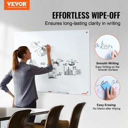 Magnetic Glass Whiteboard, Dry Erase Board 48"x32", Wall-Mounted Large White Glassboard Frameless, with Marker Tray, an Eraser and 2 Markers, White