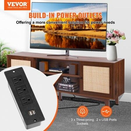 Rattan TV Stand for 75" TV Boho TV Stand with Build-in Socket Walnut