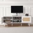 Rattan TV Stand for 65 inch TV, Boho TV Stand with Rattan Door, Entertainment Center with Build-in Socket and USB Ports, Modern TV Console for Living Room, Media Room, White