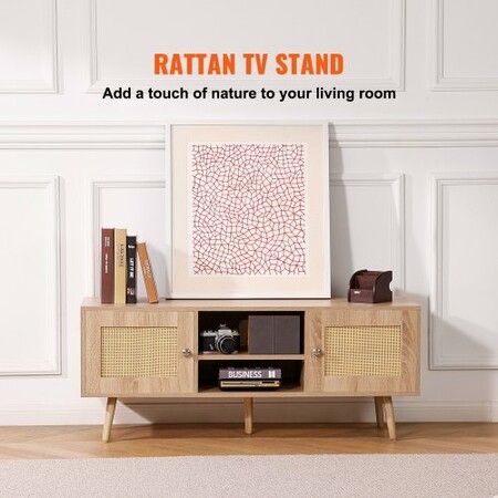 Rattan TV Stand, Boho TV Cabinet for 55 inch TV, Mid Century Modern TV Stand, Rattan TV Console with Adjustable Shelfs for  Living Room, Media Room, Oak