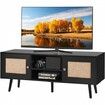 Rattan TV Stand, Boho TV Cabinet for 55 inch TV, Mid Century Modern TV Stand, Rattan TV Console with Adjustable Shelfs for  Living Room, Media Room, Black