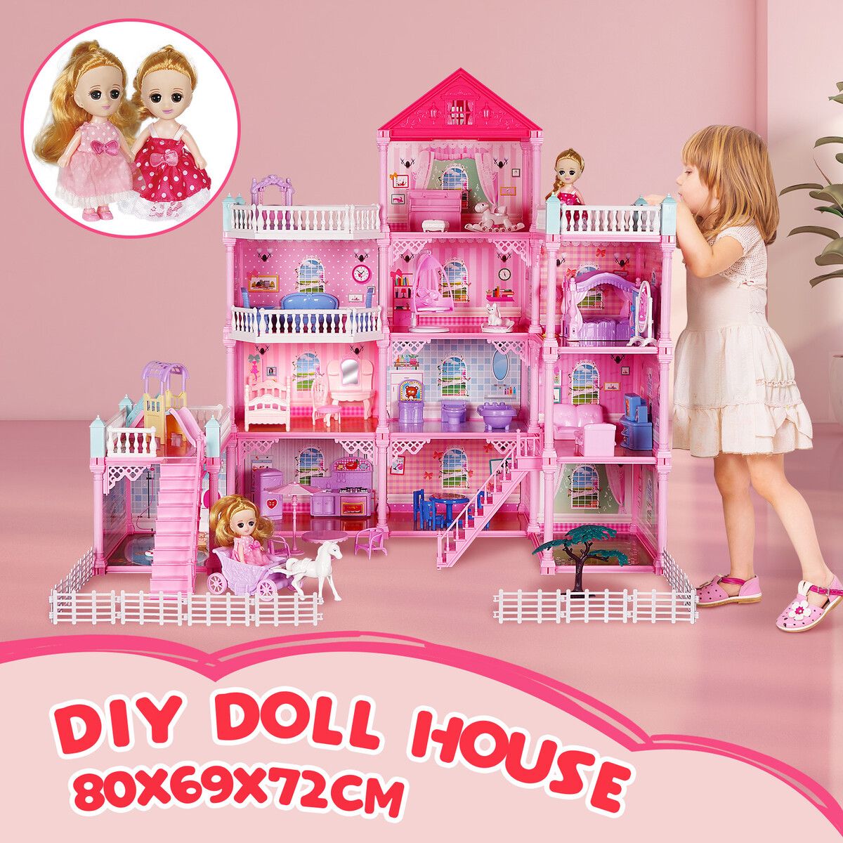 Girls Doll House Dream Land Cottage DIY Pretend Play Furniture Princess Pet Dolls Toys Set Children Roleplay Accessories Christmas Birthday Gift