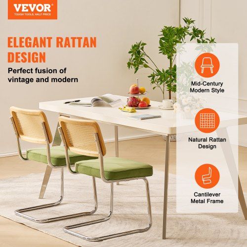 Rattan Chairs, Set of 2, Mid Century Modern Dining Chair, Upholstered Velvet Accent Chair with Rattan Back, Retro Dining Room Kitchen Chair for Living Room, Bedroom, Reading Room, Office, Green