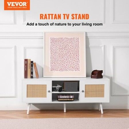 Rattan TV Stand, Boho TV Cabinet for 55 inch TV, Mid Century Modern TV Stand, Rattan TV Console with Adjustable Shelfs for  Living Room, Media Room, White