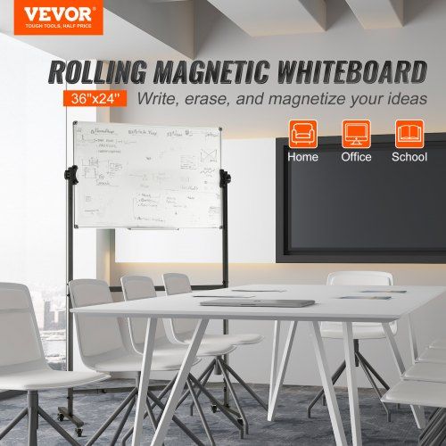 91.5x61cm Rolling Magnetic Whiteboard, Double-sided Mobile Whiteboard, Adjustable Height Dry Erase Board with Wheels, 1 Magnetic Erase & 3 Dry Erase Markers & Movable Tray Office, School