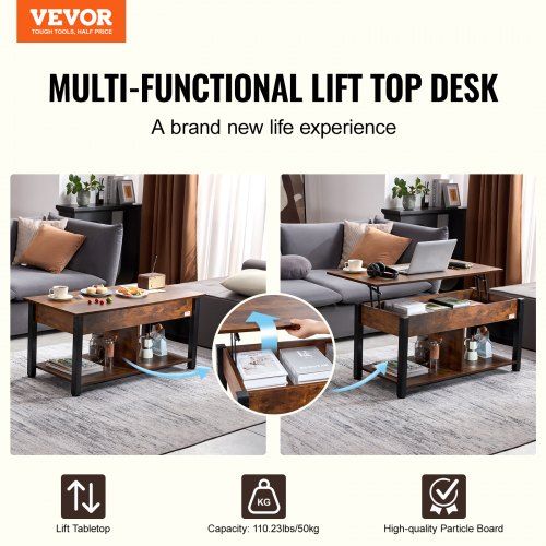 Lift Top Coffee Table 41.7" Rectangle Coffee Table for Living Room Brown