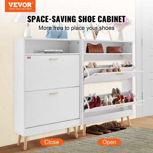 Shoe Cabinet with 2 Flip Drawers, Shoe Storage Cabinet for Entryway, Free Standing Shoe Storage Organizer with Top Storage Cubby for Heels, Boots, Slippers in Hallway, Living Room