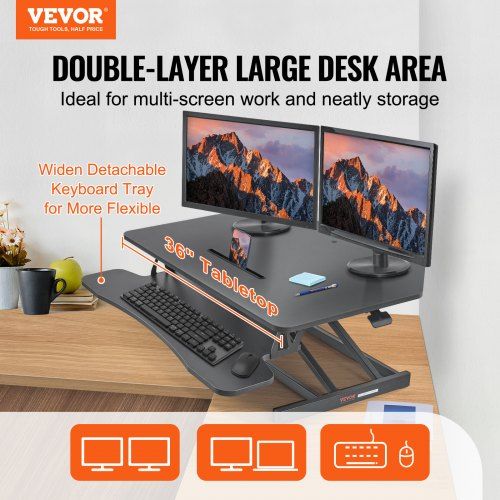 Standing Desk Converter, Two-Tier Stand up Desk Riser, 915 mm Large Sit to Stand Desk Converter, 140-510 mm  Adjustable Height, for Monitor, Keyboard & Accessories Used in Home Office