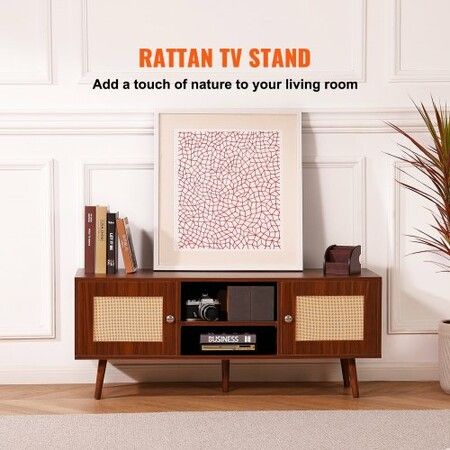 Rattan TV Stand, Boho TV Cabinet for 55 inch TV, Mid Century Modern TV Stand, Rattan TV Console with Adjustable Shelfs for  Living Room, Media Room, Walnut