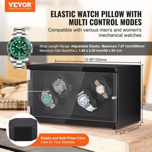 Watch Winder, Watch Winder for 4 Men's and Women's Automatic Watches, with 2 Super Quiet Japanese Mabuchi Motors, Blue LED Light and Adapter, High-Density Board Shell and Black PU