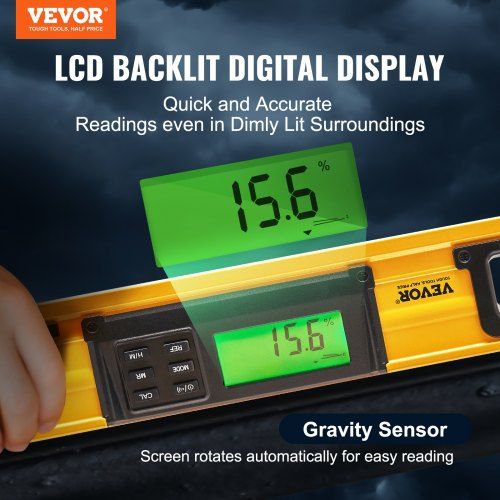 Magnetic Torpedo Level, 24 in, LED Backlit Screen Mechanical Bubble Vials Ruler for 0-360 Degree, Gravity Sensor Aluminum Alloy Leveler Tool w/ Viewing Window, Shock-Resistant for Plumbing, Wood