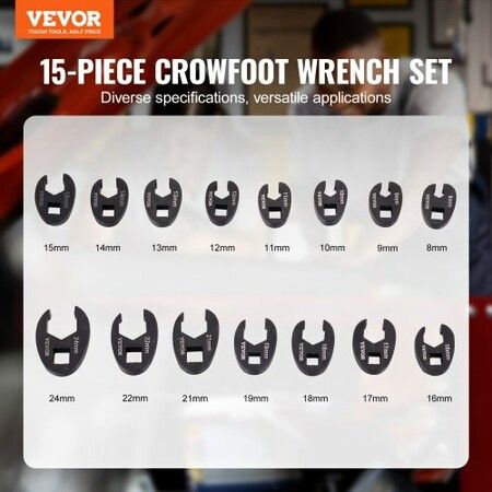 Crowfoot Wrench Set, 1/2" and 3/8" Drive 15-Piece Crows Foot Wrench Set with PP Storage Case, Metric 8-24 mm, CRMO Steel and Manganese Phosphate Finish, for Mechanical Maintenance or Repairs