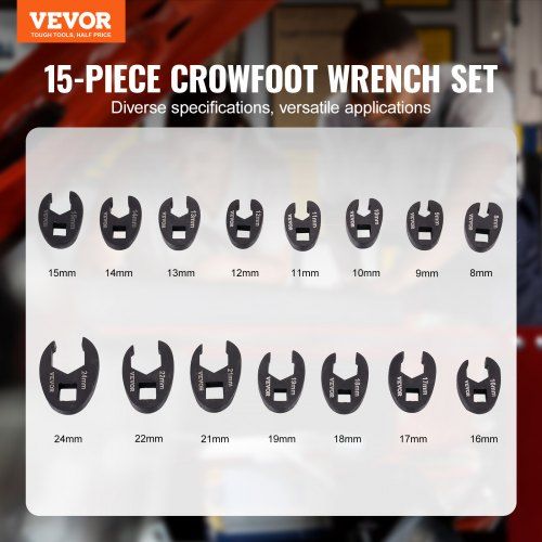 Crowfoot Wrench Set, 1/2" and 3/8" Drive 15-Piece Crows Foot Wrench Set with PP Storage Case, Metric 8-24 mm, CRMO Steel and Manganese Phosphate Finish, for Mechanical Maintenance or Repairs