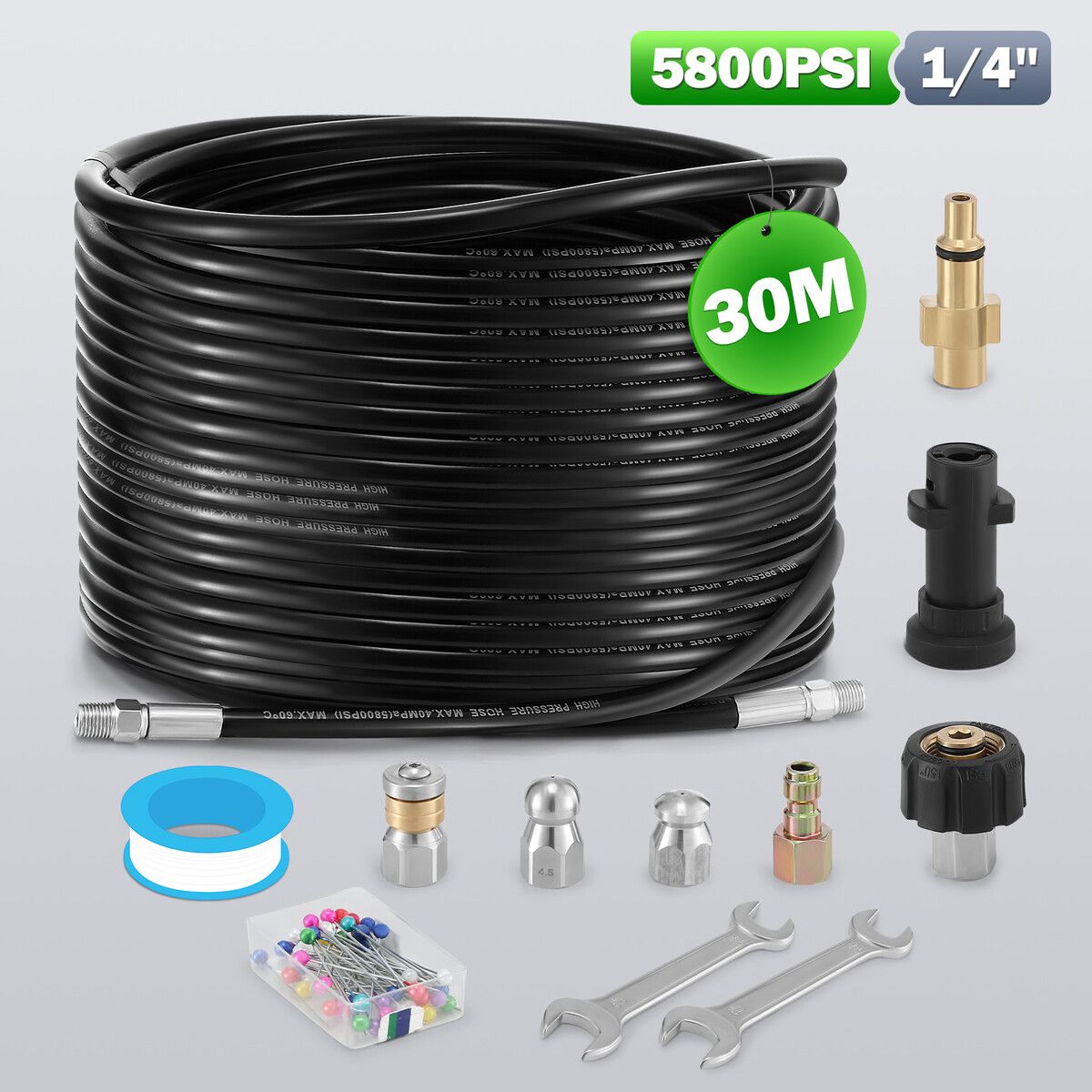 30m Sewer Jetter Kit for High Pressure Washer Blaster Drain Cleaner Hose 5800PSI 1/4 Inch NPT Corner Jetting Cleaning Pipe Button Nose Rotating Nozzle