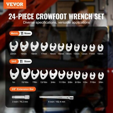 3/8" Drive Crowfoot Wrench Set with 2 Extension Bars, 24-Piece Crows Foot Wrench Set, SAE  3/8"-1" and Metric 10-22 mm, CR-MO Steel Crowfoot Wrench Set, with EVA Tool Organizer