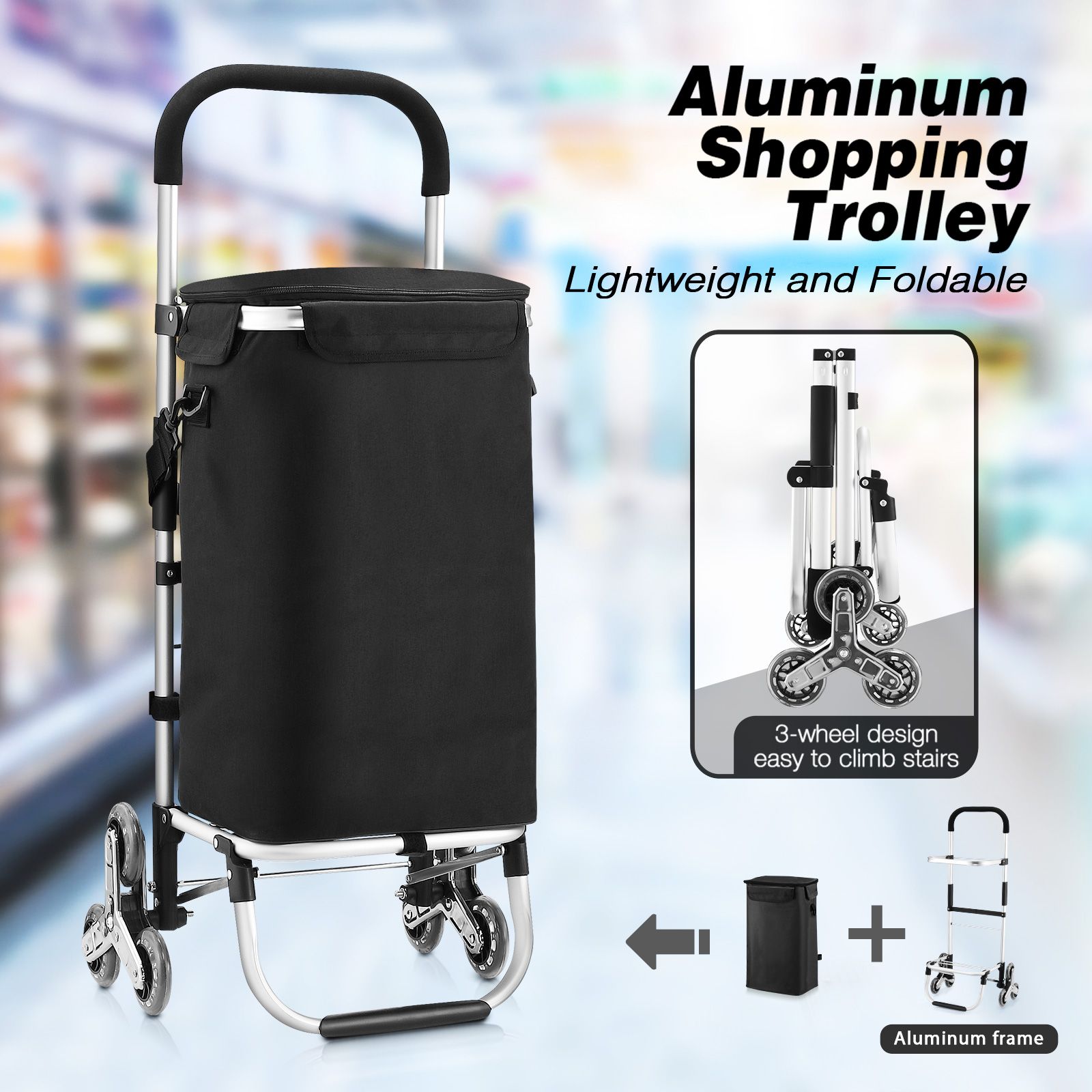 Shopping Cart Trolley Wheeled Storage Trolly Bag Grocery Foldable Market Utility Granny Stair Climbing Wheels Aluminium Waterproof Luggage 45L