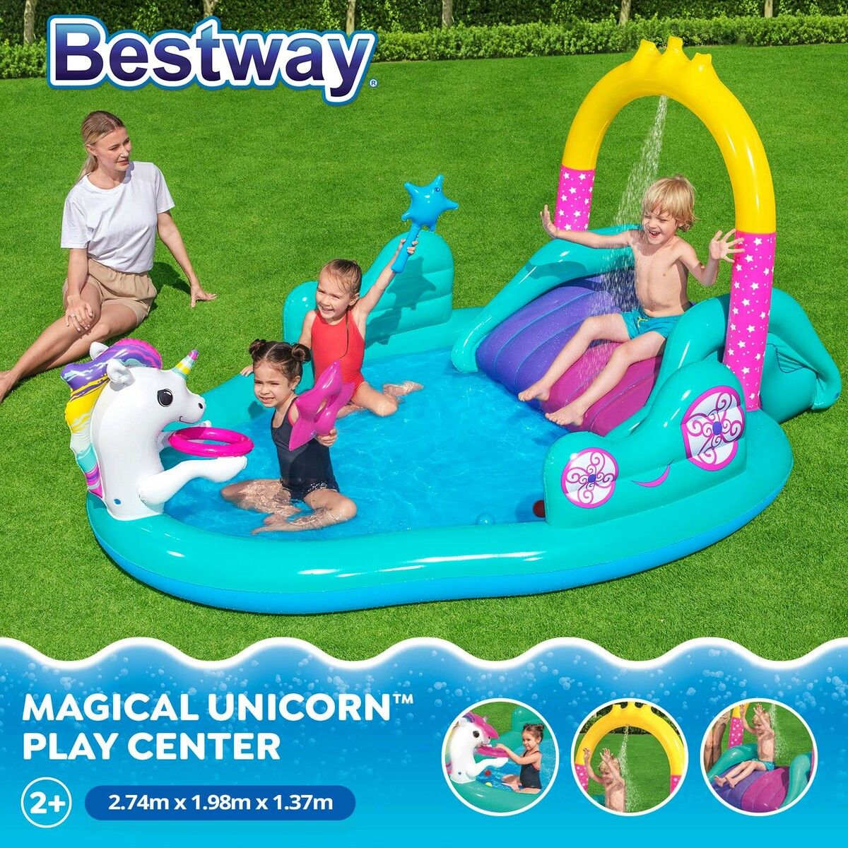 Bestway Magical Unicorn Carriage Water Play Centre Slide Playset Pool Toys 2.74x1.98x1.37m Outdoor Backyard Park Beach Playground Activity Station