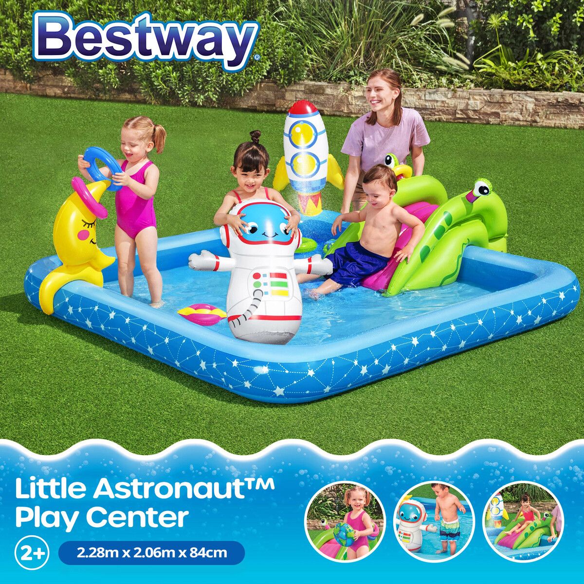 Bestway Water Play Centre Pool Slide Toys Set Little Astronaut Playground 228x206x84cm Inflatable Splash Park Outdoor Beach Backyard Activity Game