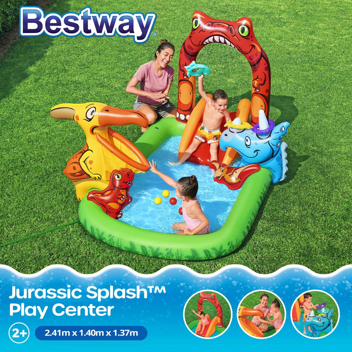 Bestway Jurassic Splash Water Pool Play Centre Slide Playset Toys Inflatable Park Outdoor Summer Playground Beach Activity Game 2.41x1.40x1.37m