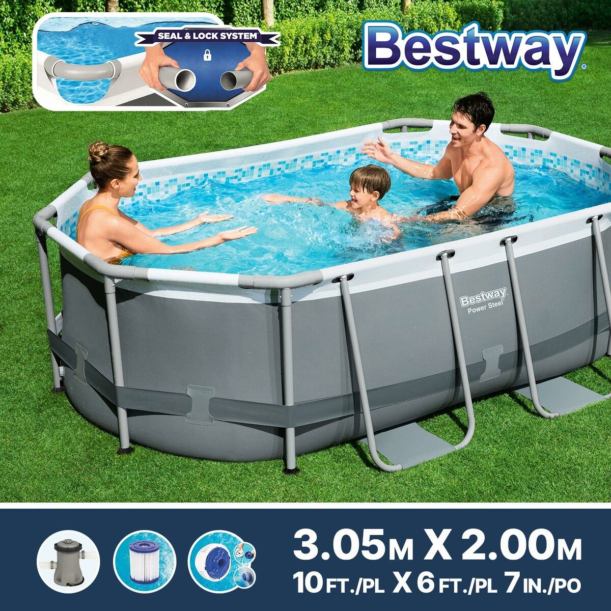 Bestway Power Steel Oval Above Ground Swimming Pool Filter Pump Set 3.05m x 2m x 84cm for Outdoor Backyard Party Family Adults Kids