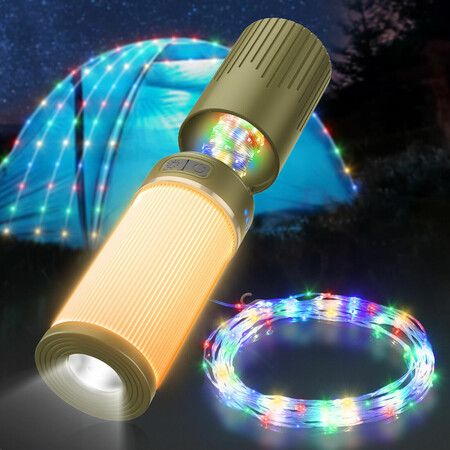 Portable Camping Lamp LED Tent Light with 15M RGB String Lights 2 in 1 For Outdoor Yard Garden Decoration Camping