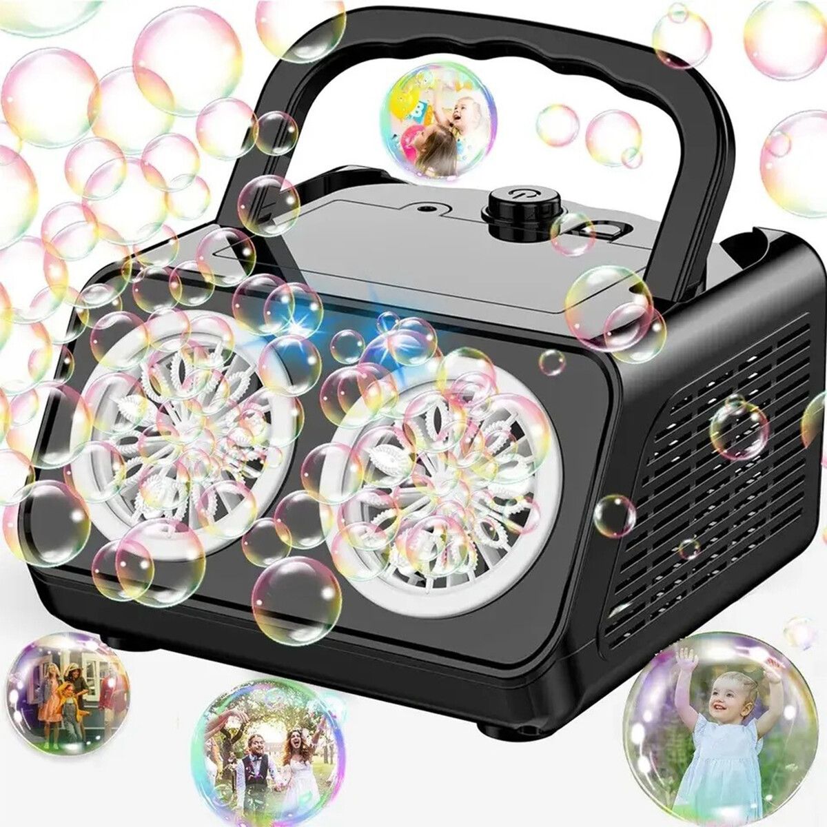 Automatic Bubble Machine Upgrade Bubble Blower with 2 Fans,20000+ Bubbles Per Minute Bubbles,Portable Bubble Maker Operated by Plugin or Batteries for Indoor Outdoor Birthday Party (Black)