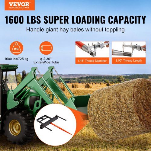 39" Hay Spear, Bale Spears 726kg Loading Capacity, Skid Steer Loader Tractor Bucket Attachment with 2pcs 17.5" Stabilizer Spears and 60" Chain, Quick Attach Spike Forks