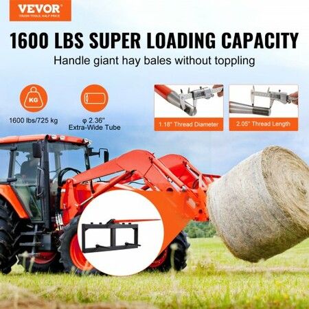 49" Hay Spear, Bale Spears 726kg Loading Capacity, Skid Steer Loader Tractor Attachment with 2pcs 17.5" Stabilizer Spears, Quick Attach Spike Forks