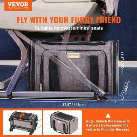 Cat Carrier with Wheels Airline Approved Rolling Pet Carrier 25 lbs Grey