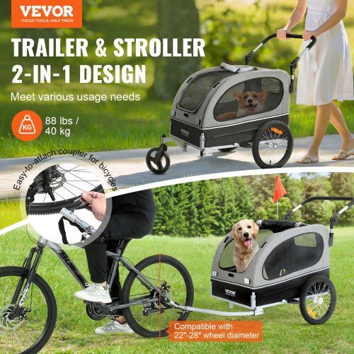 Dog Bike Trailer, Supports up to 40 kg, 2-in-1 Pet Stroller Cart Bicycle Carrier, Easy Folding Cart Frame with Quick Release Wheels, Universal Bicycle Coupler, Reflectors, Flag, Black/Gray