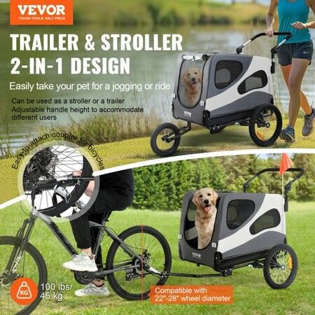 Dog Bike Trailer, Supports up to 45 kg, 2-in-1 Pet Stroller Cart Bicycle Carrier, Easy Folding Cart Frame with Quick Release Wheels, Universal Bicycle Coupler, Reflectors, Flag, Black/Gray