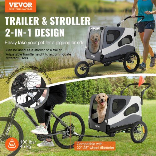 Dog Bike Trailer, Supports up to 45 kg, 2-in-1 Pet Stroller Cart Bicycle Carrier, Easy Folding Cart Frame with Quick Release Wheels, Universal Bicycle Coupler, Reflectors, Flag, Black/Gray