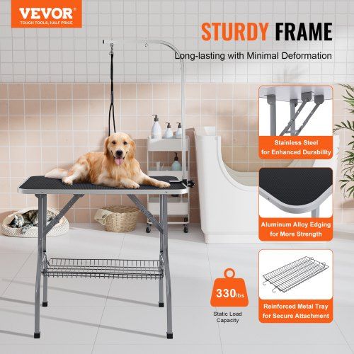 Pet Grooming Table Arm with Clamp, 915 x 610mm Dog Grooming Station, Foldable Pets Grooming Stand for Medium and Small Dogs, Free No Sit Haunch Holder with Grooming Loop, Bearing 149.7kg