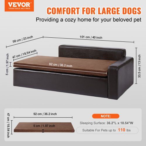 Pet Sofa, Dog Couch for Large-Sized Dogs and Cats,  40 x 23 x 13 inch, Soft Leather Dog Sofa Bed, 50 kg Loading Cat Sofa, Black