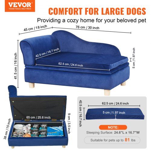 Pet Sofa, Dog Couch for Medium-Sized Dogs and Cats, 30x18x16 inch Soft Velvety Dog Sofa Bed, 37kg Loading Cat Sofa, Blue