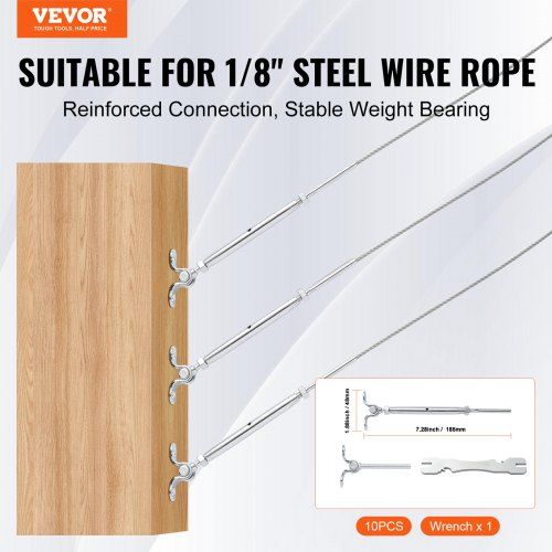 T316 Stainless Steel Adjustable Angle 3.2mm Cable Railing Kit/Hardware for Wood Post，Marine Grade for 3.2mmWire Rope,0-180-Degree Angle & Easy Installation, Silver (10 Pack)