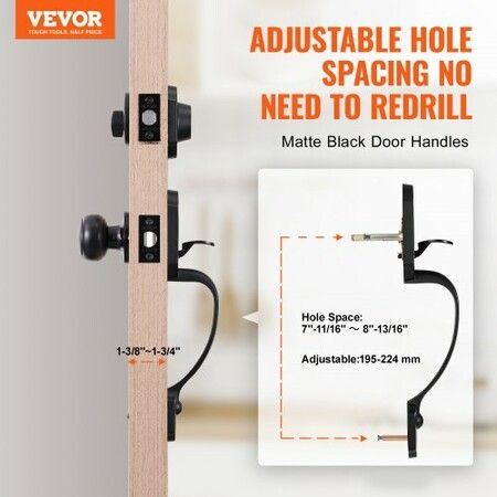 Front Door Handle and Deadbolt Set, Matte Black Front Door Lock Set with Interior Knob, Single Cylinder Handleset Adjustable Hole Spacing, for Right and Left Handed Entrance and Front Door