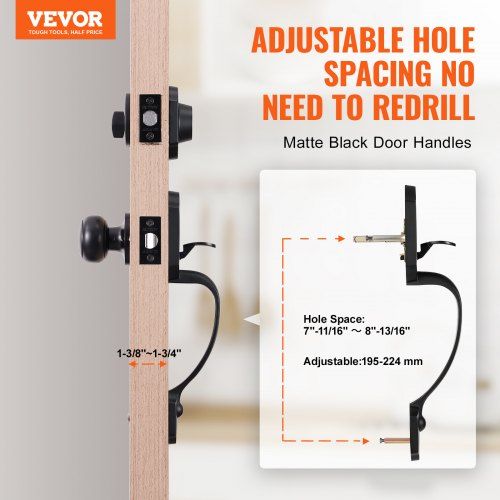 Front Door Handle and Deadbolt Set, Matte Black Front Door Lock Set with Interior Knob, Single Cylinder Handleset Adjustable Hole Spacing, for Right and Left Handed Entrance and Front Door