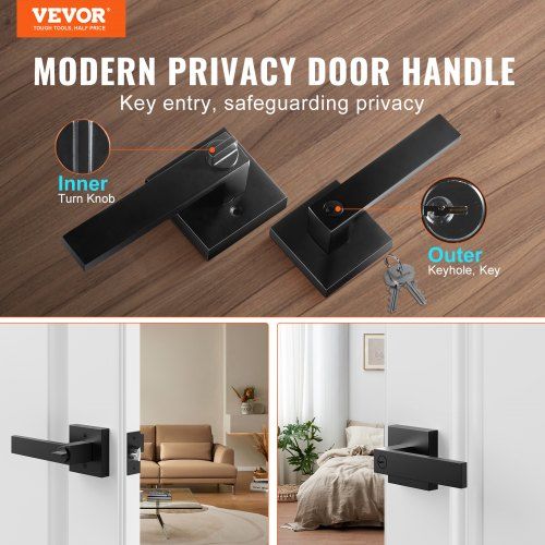 Entry Lever Door Handle, 1 PC Black Entry Knob, Lock and Key Locking Lever Set, Contemporary Square Door Lever, Reversible for Right and Left Sided Doors, 45° Rotation to Open, for Front Door