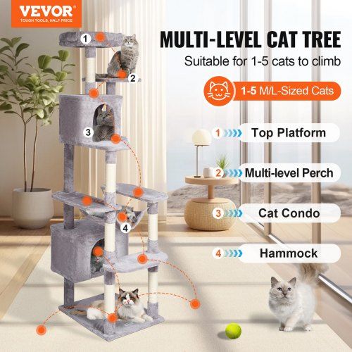 Cat Tree 183 cm Cat Tower with 2 Cat Condos Scratching Post Light Grey