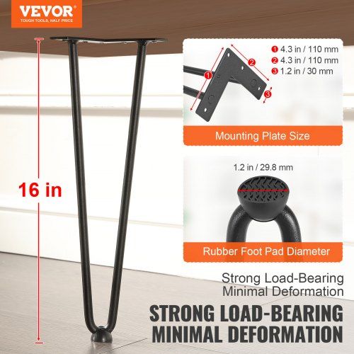 406.4MM Hairpin Furniture Legs, Metal Home DIY Projects for Nightstand, Coffee Table, Desk, 226.8KG Load Capacity with Rubber Floor Protectors, Metal Heavy Duty Sturdy Modern Table Legs, 4PCS