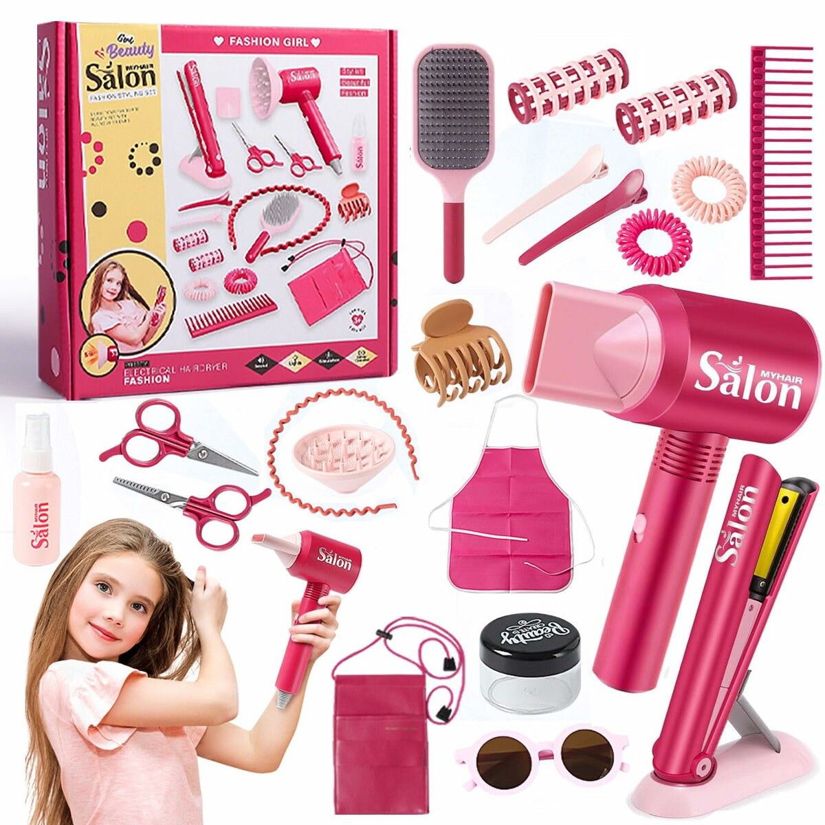 21Pcs Girls Hair Salon Toys, Beauty Salon Set with Pretend Play Hair Salon Stylist Toy Kit with Barber Apron, Hair Dryer, Mirror, Scissors