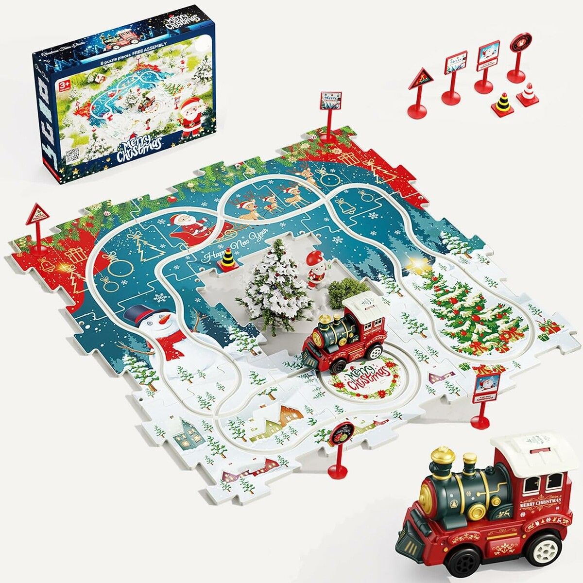 15Pcs Puzzle Racer Train Set Toys, Christmas Toy-Theme Puzzle Track Play Set with a Christmas Train