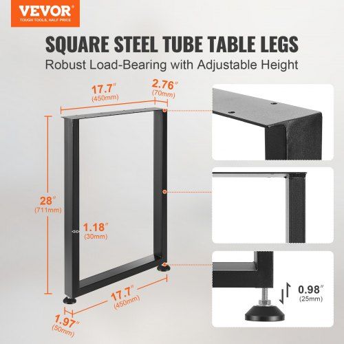 711.2MM Adjustable Furniture Legs, Square Reinforced Steel Office Table legs Set of 2 for DIY, Max Load 453.6KG Heavy Duty Desk Legs, Quick Instalation & Rich Accessories Legs Black