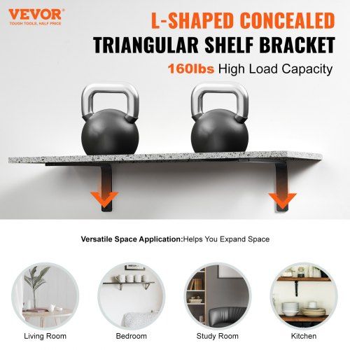 Shelf Bracket, 41 x 15.5 cm 4 Pcs, Heavy Duty Floating Shelf Brackets, Brackets for Shelves, 10mm Thick Matte Black L Shelf Bracket,Steel Shelving Brackets with 72.6 kg Load Capacity