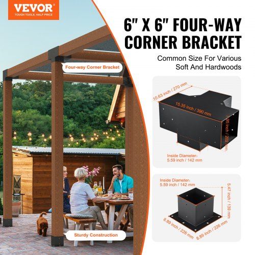 Pergola Bracket Kit 152.4 x 152.4 mm, 4pcs 4-Way Heavy Duty Corner Bracket Woodworks DIY Post Base, Easy Installation Wooden Beams for Gazebos, Patio Pergolas, Log Cabin Outdoor Pergola Hardware