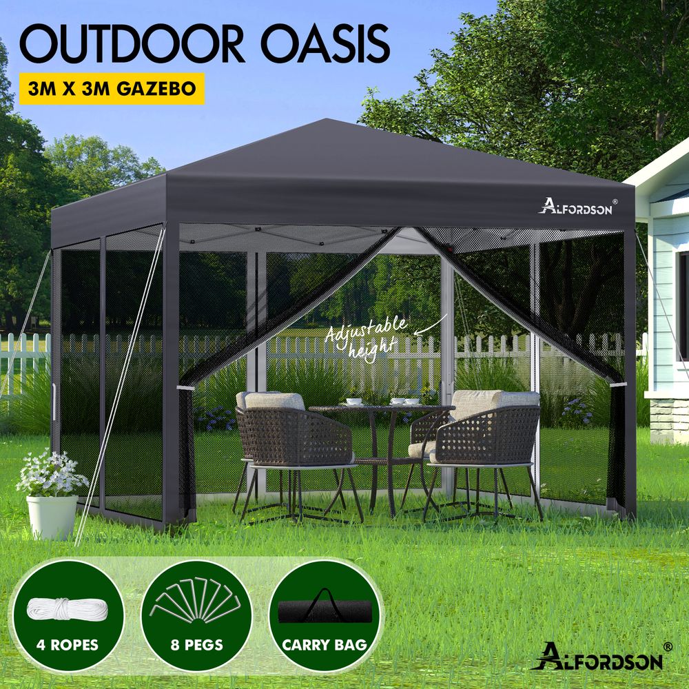 ALFORDSON Gazebo Pop Up Marquee 3x3 Outdoor Tent Party Camping Mesh Wall Grey